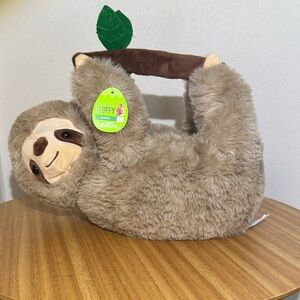 Brown Plush Sloth Animal Easter Basket with Leaf Handle